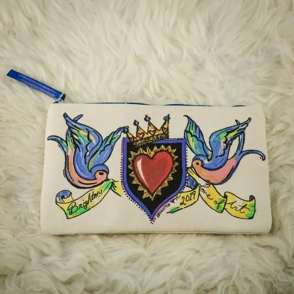 Brighton Love Of Art 2019 Bird Heart Crown Painted Canvas Lined Zipper Pouch Bag